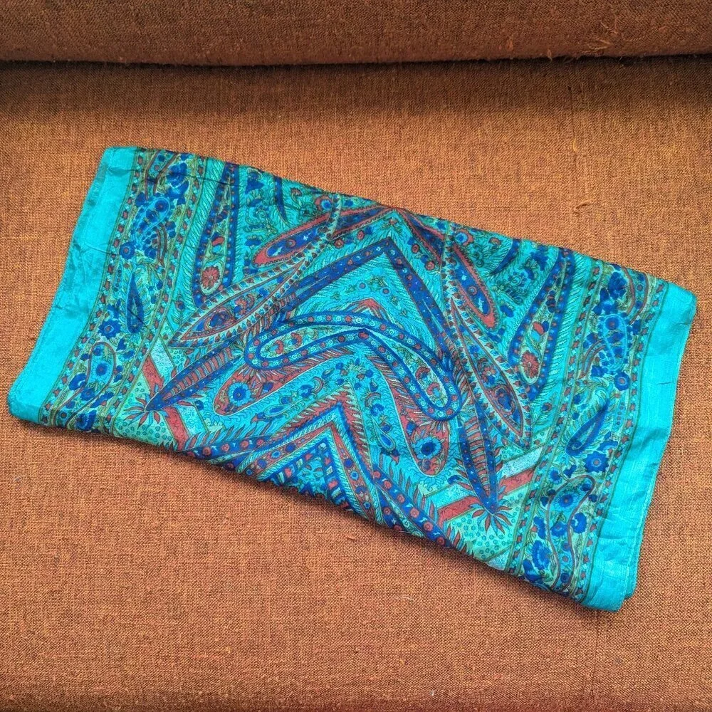 Vintage Silk Scarf‎ Paisley MCM Indian Long Wrap Headband Boho Feathers Festival
